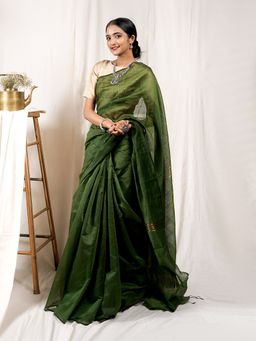 Teejh - Lush Green Handloom Box Sequin Saree with Unstitched Blouse