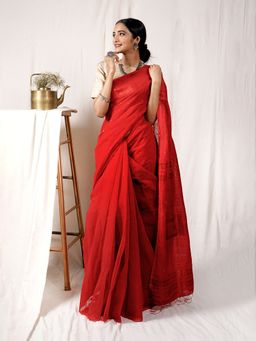 Teejh - Rosy Red Handloom Box Sequin Saree with Unstitched Blouse