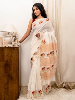 Teejh - Ojaswini Red & Green Block Print Chanderi Silk Saree with Unstitched Blouse