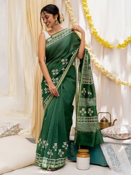 Teejh - Green Chilli Bottle Green Block Print Chanderi Silk Saree with Unstitched Blouse