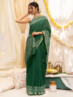 Teejh - Chayaa Bottle Green Block Print Chanderi Silk Saree with Unstitched Blouse
