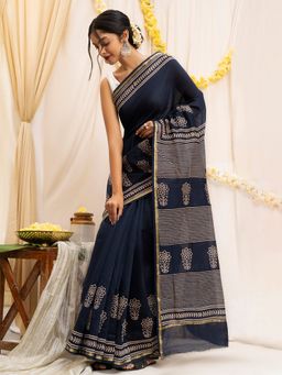 Teejh - Dhalti Sham Navy Blue Block Print Chanderi Silk Saree with Unstitched Blouse