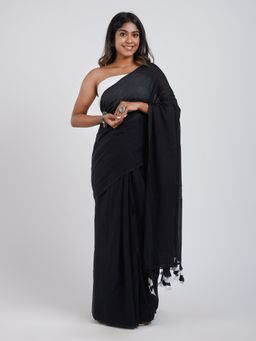 Teejh - Yin Yang Black & White Mulmul Saree with Unstitched Blouse