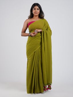 Teejh - Lime & Berry Olive & Hot Pink Mulmul Saree with Unstitched Blouse