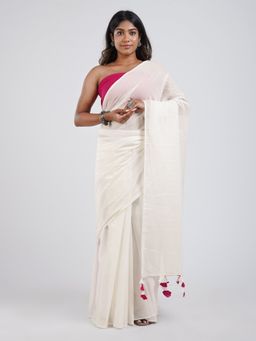 Teejh - Vanilla & Cherry White & Hot Pink Mulmul Saree with Unstitched Blouse