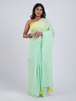 Teejh - Pina Colada Punch Mint & Yellow Mulmul Saree with Unstitched Blouse