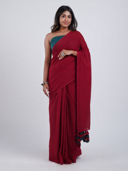 Teejh - Very Cherry Maroon & Drak Green Mulmul Saree with Unstitched Blouse