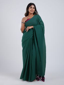 Teejh - Hue Haze Dark Green & Magenta Mulmul Saree with Unstitched Blouse