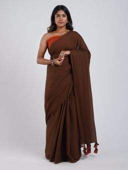Teejh - Sun & Saturn Brown & Rust Orange Mulmul Saree with Unstitched Blouse