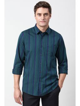 Peter England - Men Green Slim Fit Stripe Full Sleeves Casual Shirt