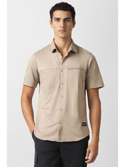 Van Heusen - Men Beige Textured Half Sleeves Casual Shirt