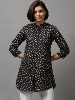 SHOWOFF - Women's Mandarin Collar Printed Black Polyester Shirt