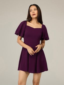 Twenty Dresses by Nykaa Fashion - Wine Sweetheart Neck Puff Sleeves Mini Dress