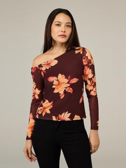 Twenty Dresses by Nykaa Fashion - Maroon Floral Mesh Off Shoulder Full Sleeves Fitted Top