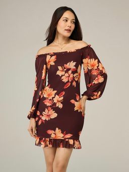 Twenty Dresses by Nykaa Fashion - Maroon Floral Mesh Off Shoulder Ruffled Mini Dress