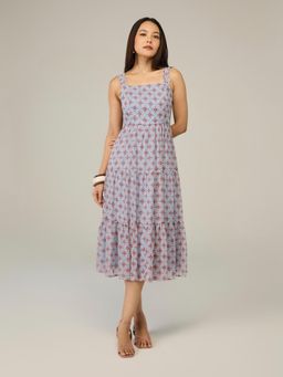 Twenty Dresses by Nykaa Fashion - Blue Geometric Chiffon Strappy Ruffled Midi Dress