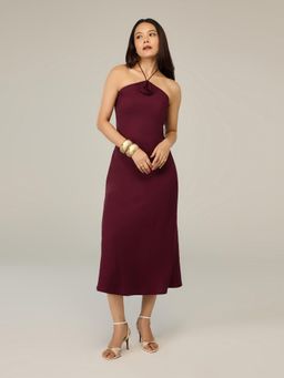 Twenty Dresses by Nykaa Fashion - Maroon Satin Halter Neck Floral Applique Bodycon Midi Dress