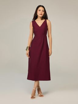 Twenty Dresses by Nykaa Fashion - Maroon V-Neck One Shoulder Ruched A-Line Midi Dress