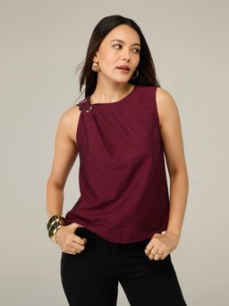 Twenty Dresses by Nykaa Fashion - Maroon Satin Ruched Shoulder Buckle Detail Sleeveless Top
