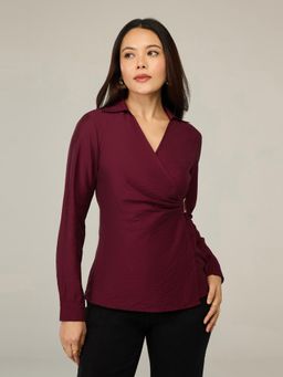 Twenty Dresses by Nykaa Fashion - Maroon Satin Collar Overlap Side Metal Buckle Detail Top