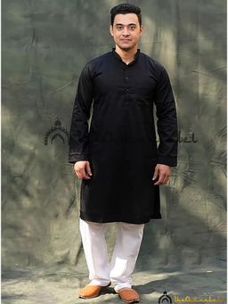 The Chikan Label - Black Cotton Men's Kurta Lucknawi Chikankari Handmade