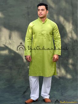 The Chikan Label - Pista Green Cotton Men's Kurta Lucknawi Chikankari Handmade