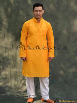 The Chikan Label - Yellow Cotton Men's Lucknawi Chikankari Handmade Kurta