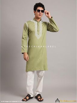 The Chikan Label - Green Uman Cotton Chikankari Men's Kurta