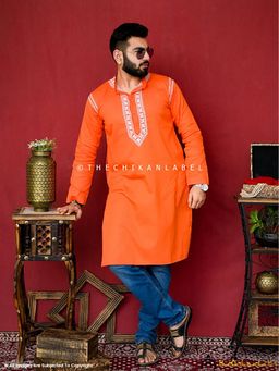 The Chikan Label - Orange Uman Cotton Chikankari Men's Kurta