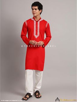 The Chikan Label - Red Uman Cotton Chikankari Men's Kurta