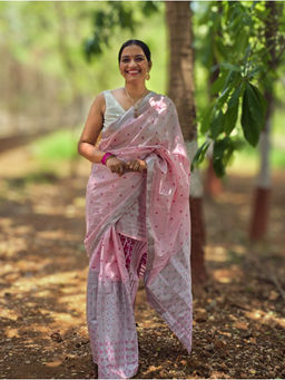 APAAPI THREADS OF GLORY - Pink Silver Zari Mekhela Chador with Unstitched Blouse