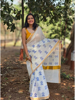 APAAPI THREADS OF GLORY - White Tree Motif Kasavu Cotton Saree with Unstitched Blouse