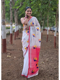 APAAPI THREADS OF GLORY - White Cotton Saree With Woven Border & Unstitched Blouse