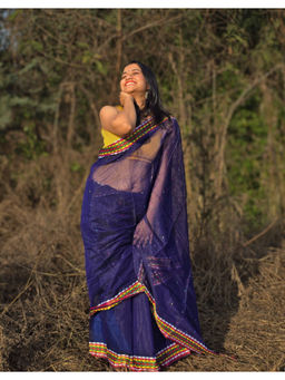 APAAPI THREADS OF GLORY - Blue Cotton Saree With Woven Border & Unstitched Blouse