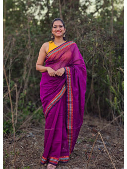 APAAPI THREADS OF GLORY - Purple Cotton Saree With Woven Border & Unstitched Blouse