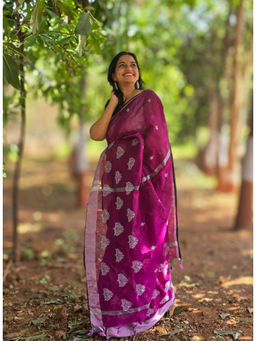 APAAPI THREADS OF GLORY - Wine Silver Thread Woven Cotton Saree With Zari Border & Unstitched Blouse