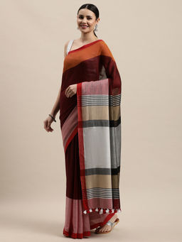 ArtEastri - Maroon Handloom Colour block Cotton Saree with Unstitched Blouse
