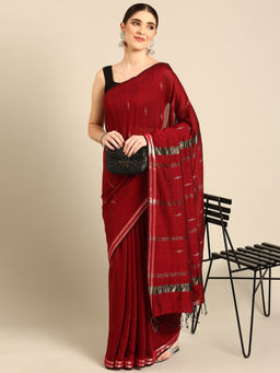 ArtEastri - Maroon Handloom Jamdani Cotton Saree Without Unstitched Blouse