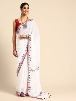 ArtEastri - White Linen Kantha Saree with Unstitched Blouse