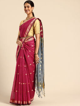 ArtEastri - Magenta and Grey Zari Buti Silk Cotton Saree with Unstitched Blouse