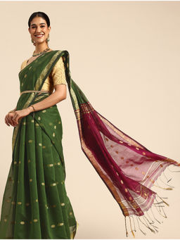ArtEastri - Pista Green and Magenta Zari Buti Silk Cotton Saree with Unstitched Blouse