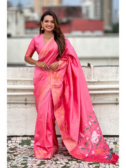 Mysilklove - French Pink Woven Lotus Banarasi Saree with Unstitched Blouse