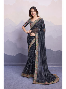 Mysilklove - Black Raisins Bandhani Georgette Printed Partywear Saree with Unstitched Blouse