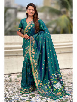 Mysilklove - Bottle Green Woven Lotus Banarasi Saree with Unstitched Blouse