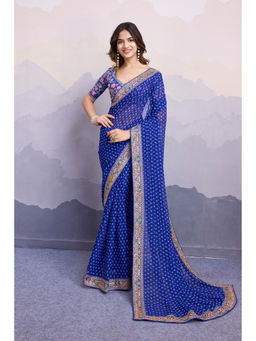Mysilklove - Cobalt Blue Bandhani Georgette Printed Partywear Saree with Unstitched Blouse
