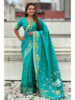 Mysilklove - Lobelia Blue Woven Lotus Banarasi Saree with Unstitched Blouse
