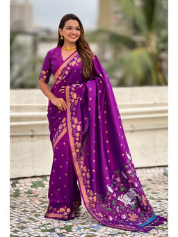 Mysilklove - Columbine Purple Woven Lotus Banarasi Saree with Unstitched Blouse
