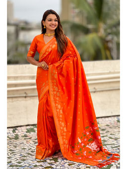 Mysilklove - Burned Orange Woven Lotus Banarasi Saree with Unstitched Blouse