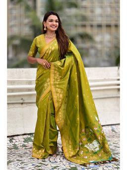 Mysilklove - Mehendi Green Woven Lotus Banarasi Saree with Unstitched Blouse