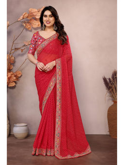Mysilklove - Ruddy Red Georgette Designer Partywear Saree with Unstitched Blouse
